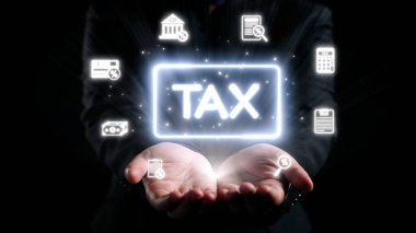 Finansal Yönetim, Muhasebe ve Vergilendirme Temalarını Temsil Eden Dijital Simgelerle Parlak Bir Vergi Konsepti Tutmak. Dörtgen