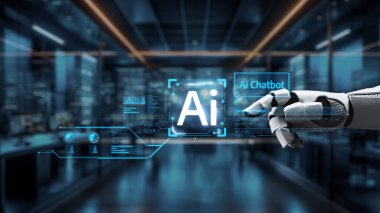 Modern ofis ortamında yapay zeka sohbet robotları kavramını gözler önüne seren ileri teknolojiye sahip bir robot el, gelecekteki dijital arayüzle bağlantı kuruyor. Auvana