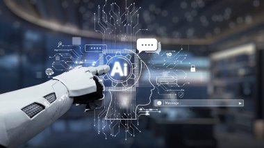 Robot bir el, modern bir çalışma alanındaki teknoloji ve yeniliğin kesişimini sembolize eden yapay zekanın dijital temsiline uzanıyor. Auvana