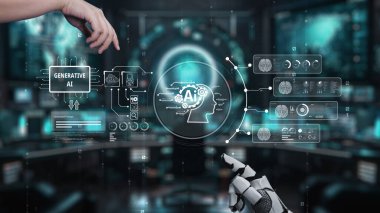 Eller, Yüksek Teknolojik bir ortamda Üretken Yapay Zeka Kavramları ve Veri Görselleri Gösteren Geleceğin Arayüzü ile Etkileşim halinde. Auvana