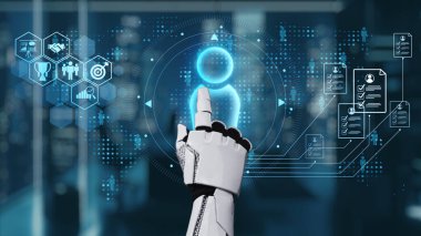 Robotik bir el, yüksek teknolojili dijital arayüz içindeki bir holografik kullanıcı ikonunu işaret ederek yapay zekanın modern teknolojiyle olan entegrasyonunu gösteriyor. Auvana