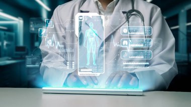 İnsan vücudunun anatomisi hologramıyla klavyede yazan zeki doktorlara yaklaş. Sağlık çalışanı, teknolojiyi kullanarak HUD gösterge paneline bakarken semptomları araştırıyor ve teşhis ediyor. İyileştirici.