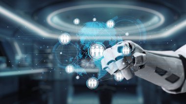 Bir robot kol, ileri teknolojiyi ve yüksek teknolojili çalışma alanındaki küresel bağlantıyı sembolize eden dijital bir insan figürleri ağına ve bir dünya haritasına uzanır. Auvana