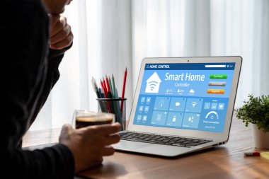 Smart home technology, centric remote control system with digital dashboard for air conditioning, safety security network or house automation. App software, ui panel programming IOT monitor snugly