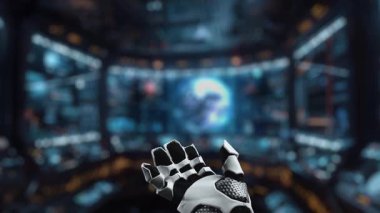 Robot bir el, gelecekteki kontrol odası ortamında dijital iletişim ikonlarıyla çevrili yapay zeka kavramlarını temsil eden parlayan bir küre sunar. Auvana