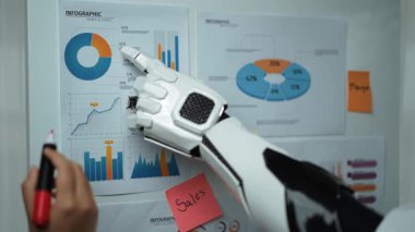 Yapay zekanın profesyonellerin pazarlama stratejisini geliştirmelerine, analitikleri optimize etmelerine ve tahminlerin doğruluğunu artırmalarına yardımcı olduğu fütüristik bir ofis. Noogenesis Yapay Zeka