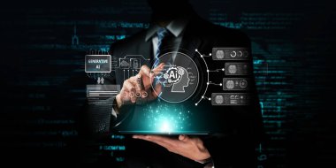 Yapay zeka sanal asistanı Chatbot ile yapay zeka konsepti ile insan etkileşimi, yapay zeka mühendisliği, LLM yapay zeka derin öğrenimi iş desteği için üretken yapay zeka kullanımı. FaaS