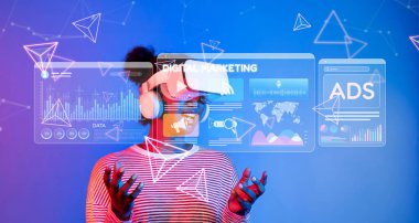 Genç bir birey, interaktif teknoloji kullanarak dijital pazarlama stratejileri keşfediyor, veri görselleri ve canlı grafiklerle çevrelenmiş, modern çevrimiçi bağlantıları yakalıyor. XDMCP