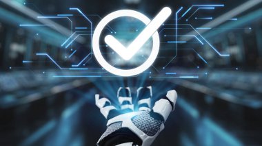 Yüksek teknolojili dijital arkaplan karşısında parlayan bir işaret işareti olan fütüristik robotik elin çarpıcı bir görüntüsü dijital doğrulama ve teknoloji güvencesinin özünü somutlaştırıyor. Auvana