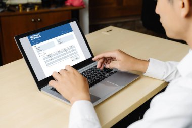 Muhasebe uygulamasından gelen fatura bilgisayar ekranında. Şirket işlerinin finans ve bütçesi için bilgisayar programı. Rahatça..