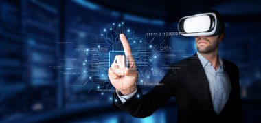 Sanal gerçeklik kulaklığı olan bir profesyonel, yenilikçi tasarım yoluyla sanal ortamların ve yapay zekanın kesişimini vurgulayan üretici yapay zeka teknolojisiyle karşılaşır. XDMCP