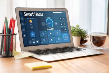 Smart home technology, centric remote control system with digital dashboard for air conditioning, safety security network or house automation. App software, ui panel programming IOT monitor snugly