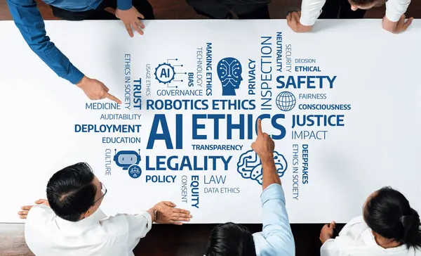 Yapay zeka etiğindeki anahtar kavramları inceleyen, güven, güvenlik, yasallık ve teknolojinin toplum ve yönetim üzerindeki etkisine odaklanan bireylerle ortak bir ortam. Dostluk