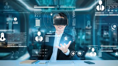 Gözlüklü zeki bir iş adamı güvenlik koruması altında çalışıyor. Güvenlik sisteminde resmi takım elbise kontrolü ve erişimi olan bir yönetici. Gece görüşlü artırılmış teknoloji kullanarak. Yaratıcılık.