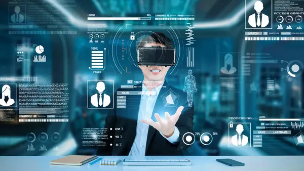 Gözlüklü zeki bir iş adamı güvenlik koruması altında çalışıyor. Güvenlik sisteminde resmi takım elbise kontrolü ve erişimi olan bir yönetici. Gece görüşlü artırılmış teknoloji kullanarak. Yaratıcılık.