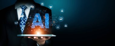 Yapay Zeka Temsilcisi AI ve Çok Fonksiyonlu Kişisel Yardımcı Teknoloji Modern Ofis Ayarları XDMCP ile İş Mesleki Tutma Tableti.