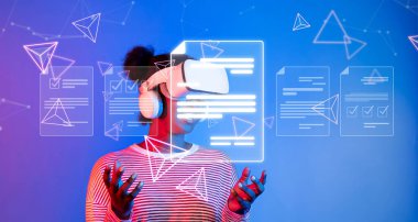 Bir kişi dinamik bir çalışma alanında sanal gerçeklik sistemiyle meşgul olurken, dijital veri ve belgeleri araştırırken yönetim ve iş dünyası için yenilikçi bir teknoloji sergiliyor. XDMCP