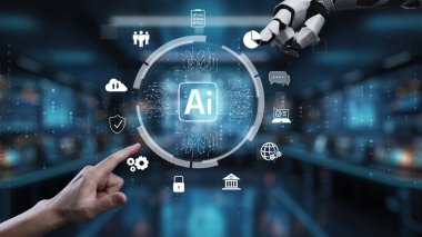 Robotik eller, dijital simgeler ve veri analizi ve güvenlikle ilgili unsurların yer aldığı yapay zeka teknolojisinin çarpıcı bir görsel temsili. Auvana