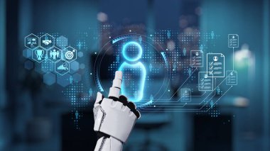 Robotik bir el, modern ofis ortamında gelişmiş teknolojiyi sembolize eden kullanıcı verileri ve analizleri gösteren holografik bir arayüzle etkileşime geçiyor. Auvana