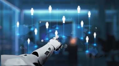 Robot bir el harita boyunca insan bağlantılarını gösteren dijital bir arayüzü işaret ediyor, günümüz dünyasında teknoloji ve iletişimin entegrasyonunu temsil ediyor. Auvana