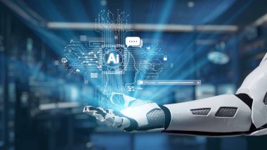 Gelecekçi bir robotik el, teknolojinin yönlendirdiği bir ortamda parıldayan veri sembolleri ve iletişim simgelerinin yer aldığı, yapay zekanın ilgi çekici dijital bir konseptini sergiliyor. Auvana