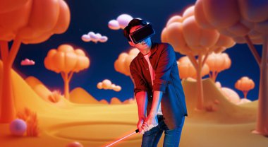 Metaverse 'te golf oynarken VR gözlük takan yetenekli bir oyuncu ya da mor gökyüzü olan golf sahası. Simülasyon dünyasına girerken spor yapan çekici bir golfçü ya da sporcu. Yaratıcılık.