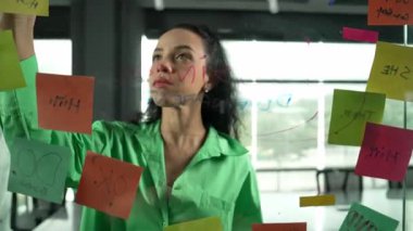 Zeki, profesyonel İspanyol iş kadınının portresi renkli yapışkan notlarla cam tahtaya pazarlama fikirleri yazıyor. Genç yönetici, analiz iş planının zihin haritasını çiziyor. - Yakın çekim. Yönlendirici.