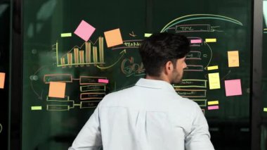 Profesyonel işadamı arkasını dönüyor ve kameraya bakıyor. Kollarını katlayıp duvara bakıyor. İstatistiksel ve yapışkan notlarla. Kameraya gülümserken kollarını kavuşturan beyaz erkek lider Tracery