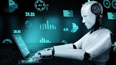 Future financial technology controll by AI robot huminoid uses machine learning and artificial intelligence to analyze business data and give advice on investment and trading decision . 3D rendering .