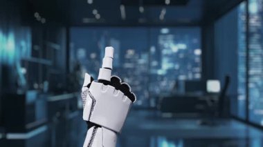 Robot bir el bulut depolama sembolleriyle etkileşime girer, modern ofis ortamında teknoloji ve veri yönetimi kavramlarını fütüristik estetikle gösterir. Auvana