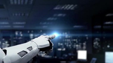 Dijital simgelerle çevrili bir yazılım güncelleme ilerleme çubuğunu işaret eden robot el, çağdaş bir teknoloji çalışma alanında yenilik ve otomasyonu simgeler. Auvana