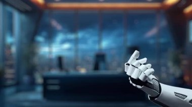 Bir robotik el, günümüzde dijital çağda öğrenme ve yeniliğin kesişimini vurgulayan, gösterişli ve modern bir çalışma alanında çeşitli eğitim ve teknolojik ikonlar sergiliyor. Auvana