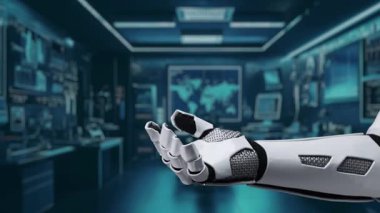 Gelişmiş bir robot el, veri koruması ve siber güvenliği temsil eden ikonlarla dolu dijital bir ortamda güvenliği sembolize eden parlayan bir kalkan sergiliyor. Auvana