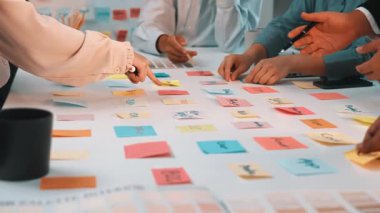 Takım üyelerinin canlı bir ofis ortamında iş birliği yaptıkları, beyin fırtınası yapmak ve etkili proje planlaması için fikir üretmek için renkli yapışkan notlar kullandıkları bir sahne. SACTR