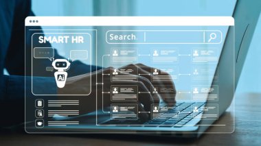 İnsan kaynakları yönetimindeki yapay zeka teknolojisinin elle yazılan, verimliliği ve yeniliği vurgulayan bir dijital arayüzü içeren yaratıcı bir temsili. Dörtgen