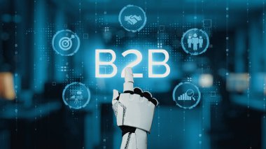 Fütürist bir robot el, modern bir iş ortamında dijital çözümler sunan sanal bir B2B arayüzü ile etkileşir. Yenilik ve teknolojiyi vurguluyor. Auvana