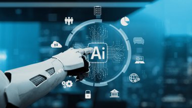 Bir robotik kol dijital ikonlarla dolu yapay zeka arayüzüne işaret ederek, çeşitli endüstrilerde teknoloji ve yeniliğin yakınlaşmasını sembolize ediyor. Auvana