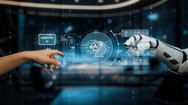 İnsan eliyle robot kol arasındaki etkileşimi gösteren büyüleyici bir sahne, modern dijital ortamda üretici yapay zeka teknolojisinin rolünü vurguluyor. Auvana