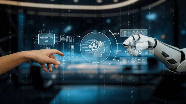 A captivating scene illustrating the interaction between a human hand and a robotic arm, emphasizing the role of generative AI technology in a modern digital landscape. Auvana