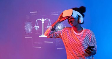 Sanal gerçekliğe dalmış, dijital yönetim ve toplumsal etki bağlamında yapay zeka, etik ve hukuk arasındaki bağlantıyı vurgulayan dinamik bir tasvir. XDMCP