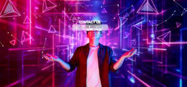 Canlı bir dijital ortamda sanal yardım içeren gelecekçi müşteri destek kavramını araştırın. Modern müşteri hizmetleri etkileşimlerini ve çözümlerini göstermek için mükemmel. XDMCP