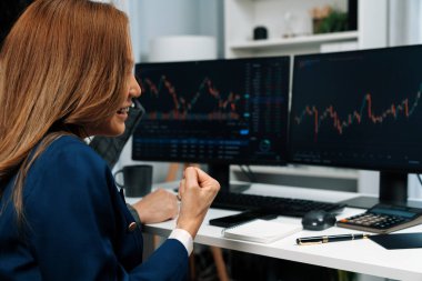 Gülümseyen iş ortakları, kâr borsası ile yumruklarını kaldırarak internet sitesi uygulamasına bakarak ev ofisinin arka tarafındaki dinamik grafikle başarılı oldular. İnfobahn.