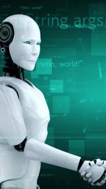 Futuristic robot artificial intelligence huminoid AI programming coding technology development and machine learning concept. Robotic bionic science research for future of human life. 3D rendering.