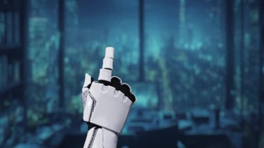 Robotik bir el, gelecekteki ofis ortamında teknolojik gelişmeyi ve veri yönetimini sembolize eden parıldayan bir çek sembolüne uzanıyor. Auvana