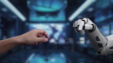 Bir insan eli, modern dijital ortamda insan ve yapay zeka arasındaki etkileşimi sembolize eden bir robot ele uzanıyor. Auvana