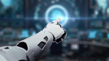 Bir robot kol yapay zeka sohbet robotu arayüzü gösteren bir sanal ekrana işaret ediyor, teknoloji ve iletişimin fütüristik bir ortamda karışımını vurguluyor. Auvana