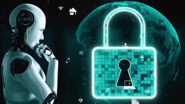 AI robot huminoid uses cloud computing technology to store data on online server . Futuristic concept of cloud information storage analyzed by machine learning process . 3D rendering .