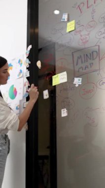 İş toplantısında zihin haritası, istatistiksel grafik ve renkli yapışkan notlar kullanarak cam tahtada yazarken yaratıcı pazarlama projesini sunan güzel beyaz iş kadını. Tertemiz..