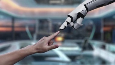 Bir insan eli, modern çalışma alanındaki dijital dosyalara erişmek için robotik bir kolla etkileşime girer. Bu video teknoloji ve insan icadı arasındaki sinerjiyi gösteriyor. Auvana