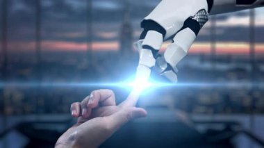 Fütürist bir robot el modern ofis ortamında beş yıldızlı bir değerlendirme sunar. Yukarıda süzülen konuşma baloncukları dinamik iletişim ve geri bildirim öneriyor, yenilikleri vurguluyor. Auvana